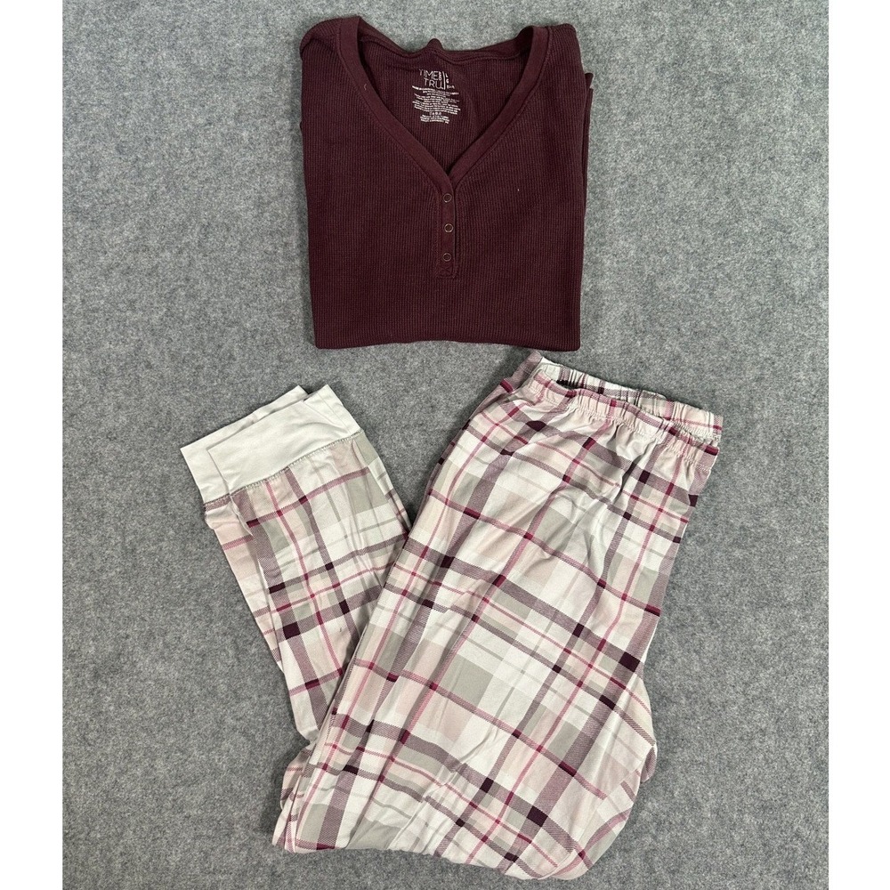 Time and Tru Henley Pajama Set L/XL Burgundy Plaid Waffle Knit Loungewear